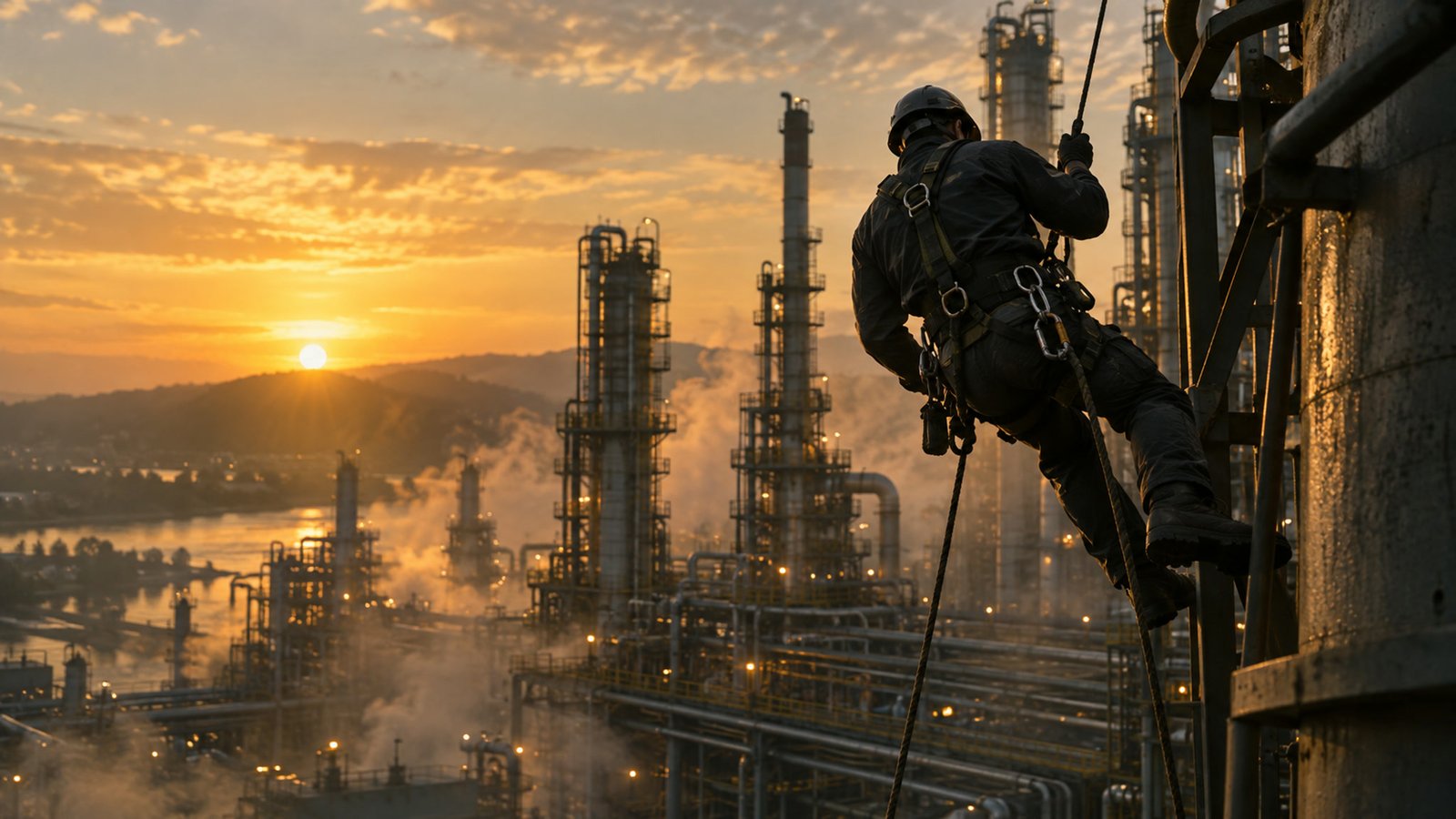 Técnico de segurança descendo por corda em estrutura industrial ao entardecer